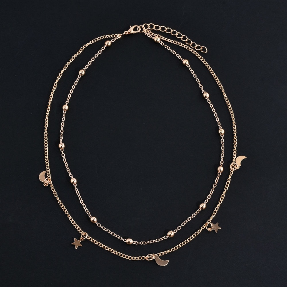 Moon & Stars Gold Layered Choker Bib Necklace - Picture 4 of 6